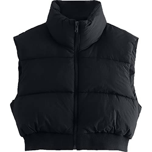 Shiyifa Women's Fashion High Neck Zipper Cropped Puffer Vest Jacket Coat(02Black,XXL) | Amazon (US)