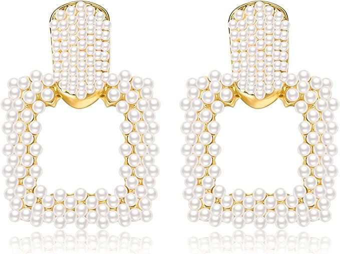 Pearl Drop Earrings for Women, Boho Faux Pearl Earrings Gold Dangle Stud Earrings Geometric Earri... | Amazon (US)