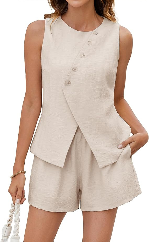BMJL Womens Summer Outfits 2 Piece Vacation Short Sets Linen Button Down Matching Sets Vest and S... | Amazon (US)