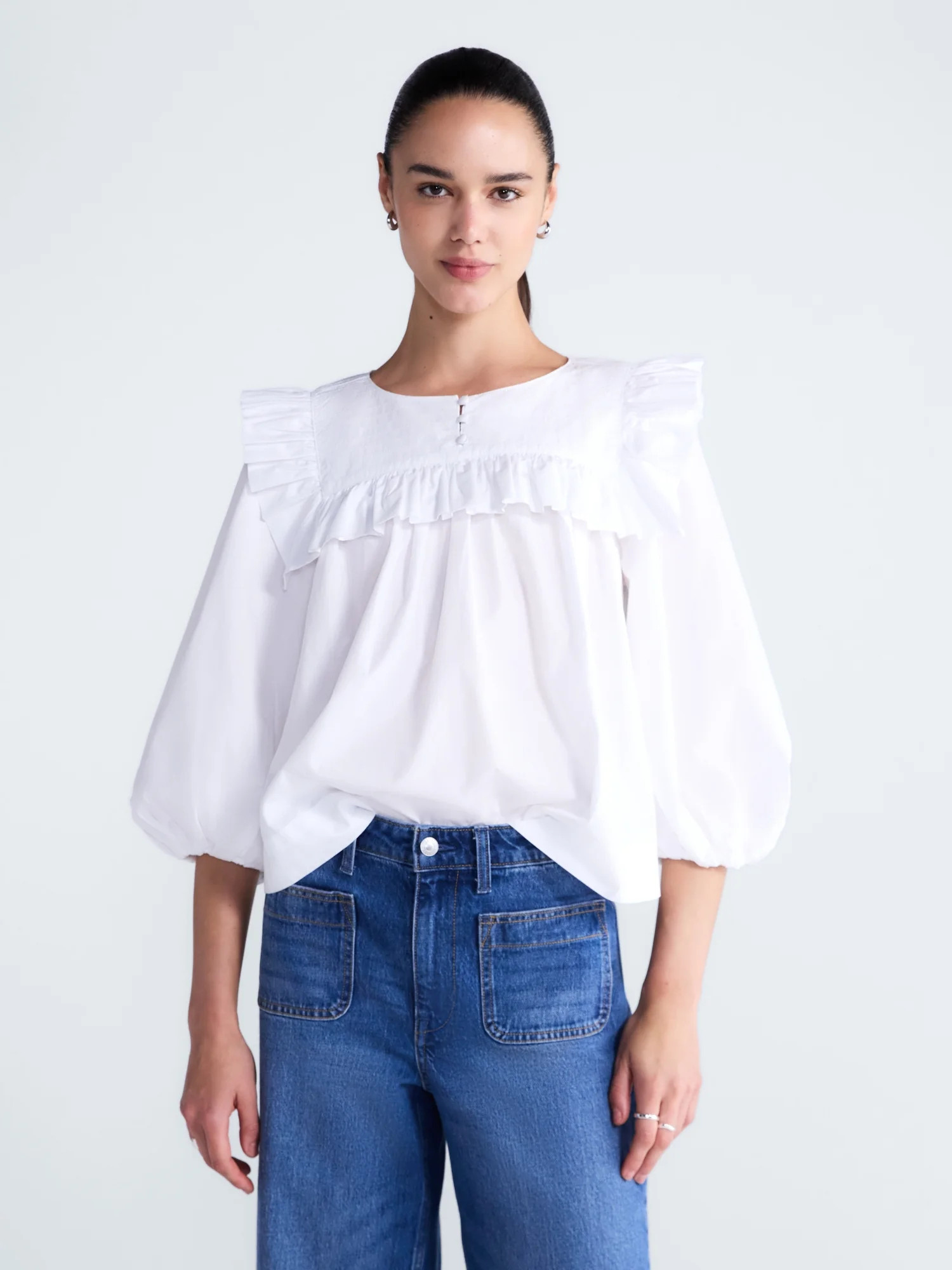 Free Assembly Women's and Women's Plus Ruffle Yoke Cotton Top with Puff Sleeves, Sizes XS-4X | Walmart (US)