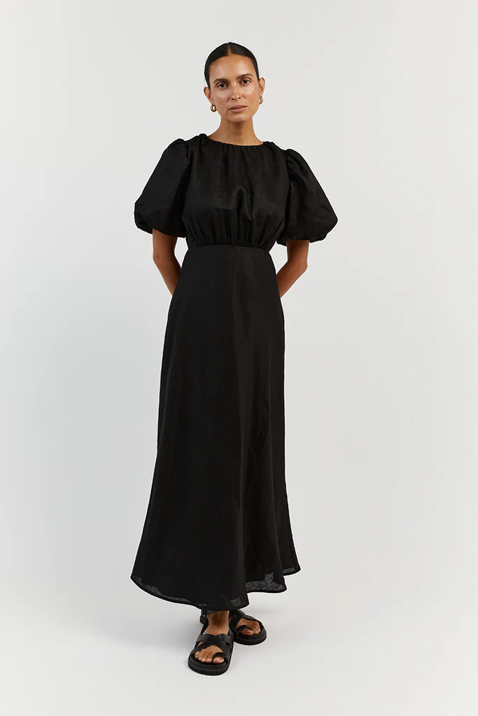 NAT BLACK LINEN GATHERED MIDI DRESS | DISSH