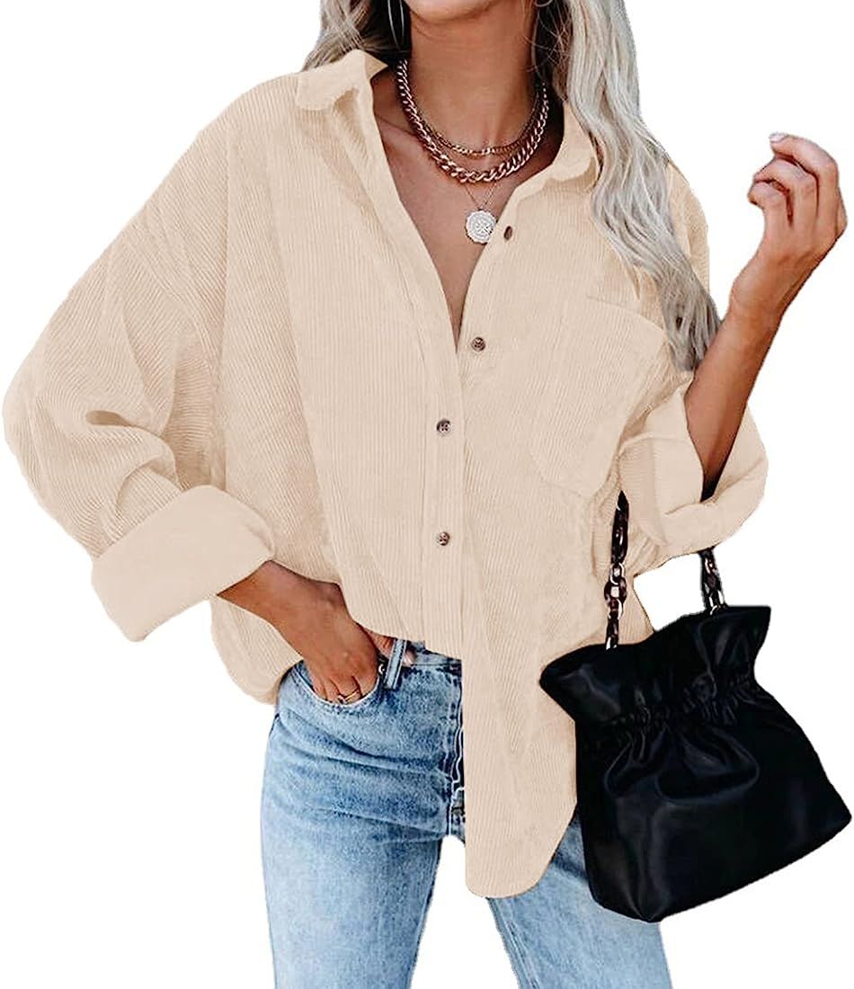 Womens Corduroy Shirts Long Sleeve Boyfriend Oversized Button Down Blouses Tops Casual Loose Jacket  | Amazon (US)