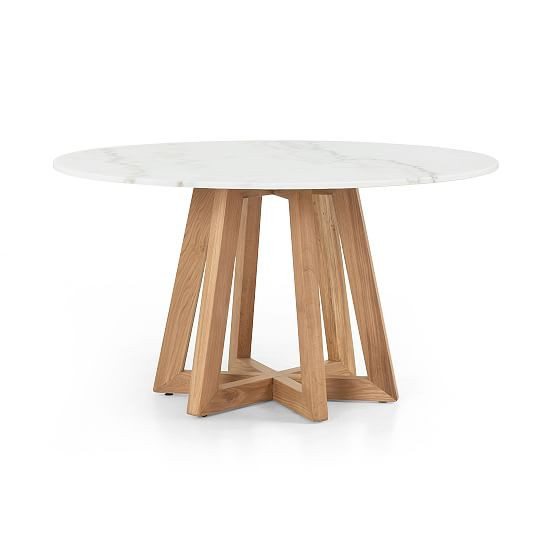 Fanned Base 55"" Round Dining Table, White Marble | West Elm (US)