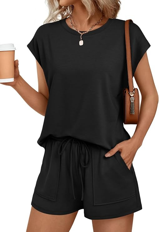 AUTOMET Womens Crew Neck Two Piece Short Sets Cap Sleeve Drawstring Summer Sweatsuit with Pocket | Amazon (US)