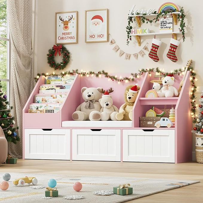 FOTOSOK Kids Bookshelf with Reading Nook, Toy Storage with Seat Cushion | Amazon (US)