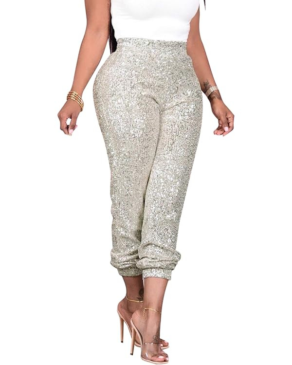 nqgsntc Women Casual Sequin Sparkle Glitter High Waist Pencil Pants Trousers Clubwear | Amazon (US)