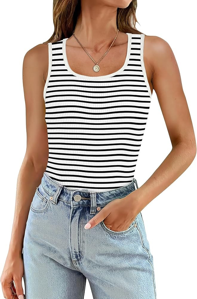 WIHOLL Womens Ribbed Tank Tops 2024 Summer Scoop Neck Slim Fitted Tops Casual Basic Knit Sleevele... | Amazon (US)