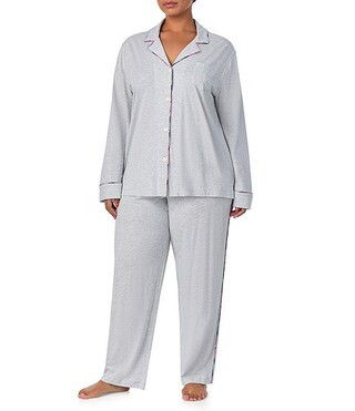 Lauren Ralph Lauren Plus Size Long Sleeve Notch Collar Long Pant Jersey Knit Pajama Set | Dillard... | Dillard's