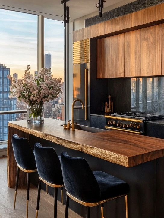 This kitchen is a perfect example of how velvet navy kitchen chairs, a solid wooden kitchen island, and black and gold appliances come together to create a rich, elevated, luxury kitchen aesthetic. The combination of deep navy velvet island chairs adds softness and comfort, while the natural wood kitchen island brings warmth and balance. Layered with dark cabinetry, black finishes, and a statement gold kitchen faucet, the result feels bold, modern, and timeless all at once.

What makes this look especially achievable is that you don’t need a full kitchen renovation to recreate it. If changing major appliances isn’t an option, simply introduce small black and gold kitchen appliances—think microwave, coffee machine, toaster, or kettle—in coordinated finishes. These small upgrades instantly echo the black-and-gold luxury theme and tie the entire kitchen together effortlessly.

By mixing rich velvet textures, natural wood tones, and dark black and gold accents, this kitchen design feels intentional, sophisticated, and high-impact—proof that thoughtful material combinations can completely transform a space without overcomplicating it. 

 #LTKHome