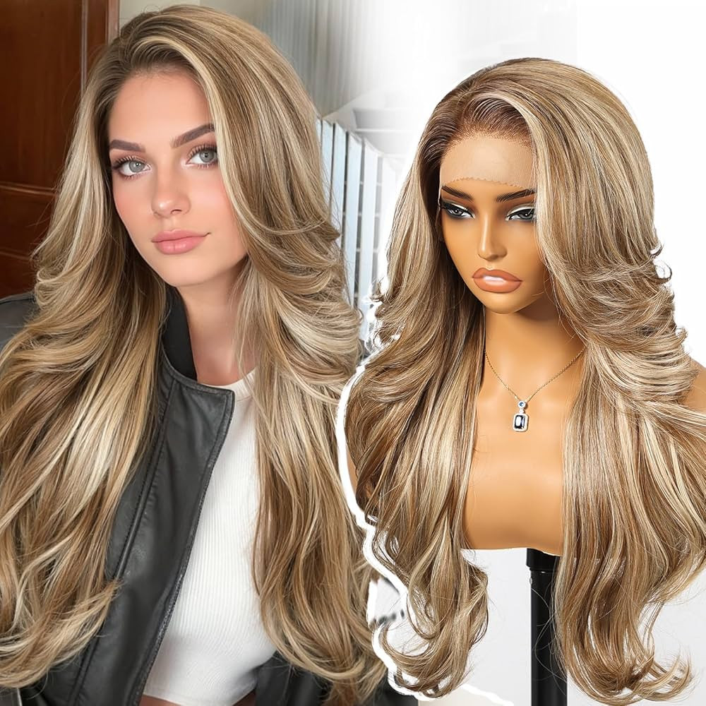 Ash Blonde Highlight Synthetic Lace Front Wig,13x4 HD Lace Layered Wave Glueless Wigs for Women D... | Amazon (US)