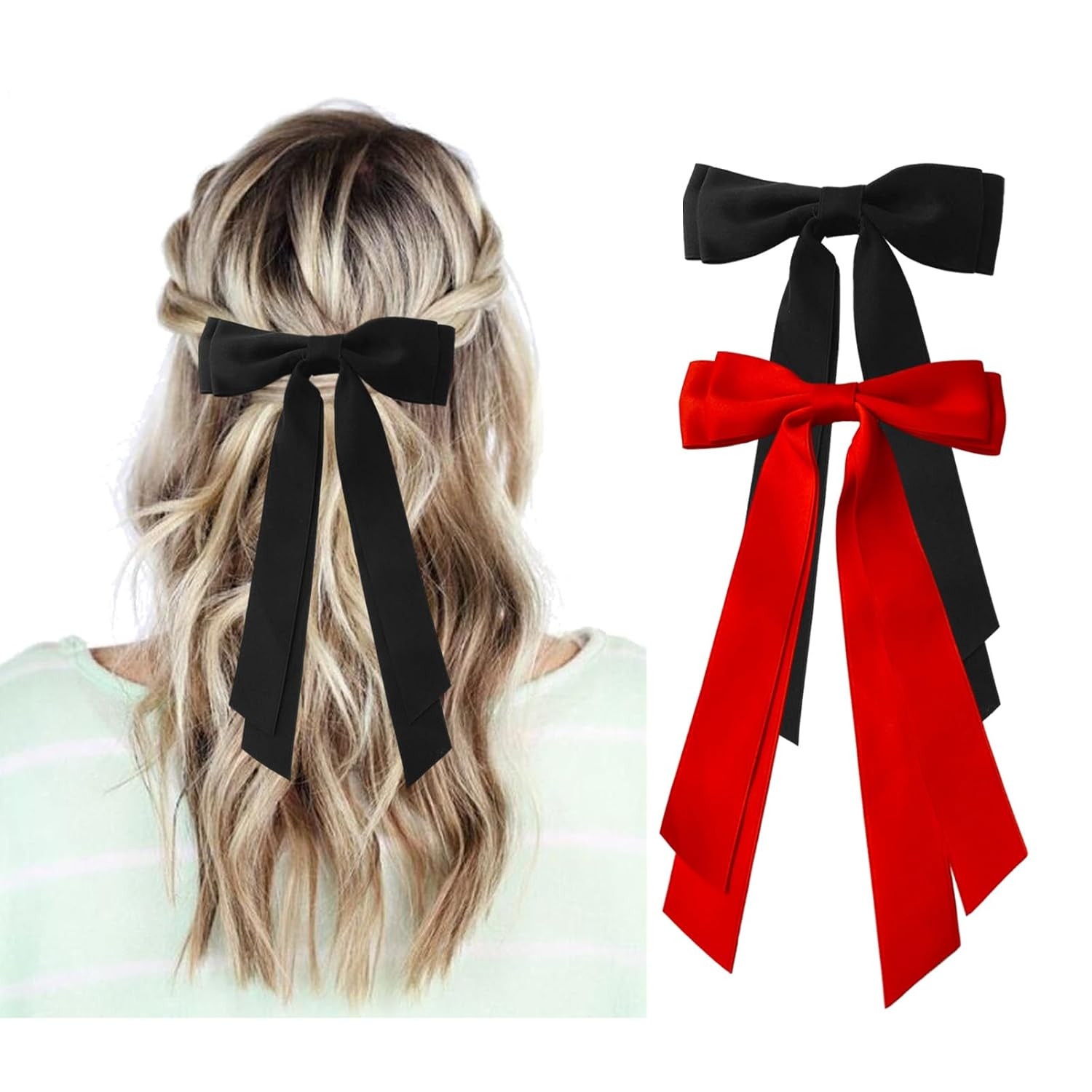Red and Black Hair Bows for Women - 2Pcs Silkly Satin Hair Ribbon Bow with Metal Clips Hair Acces... | Amazon (US)