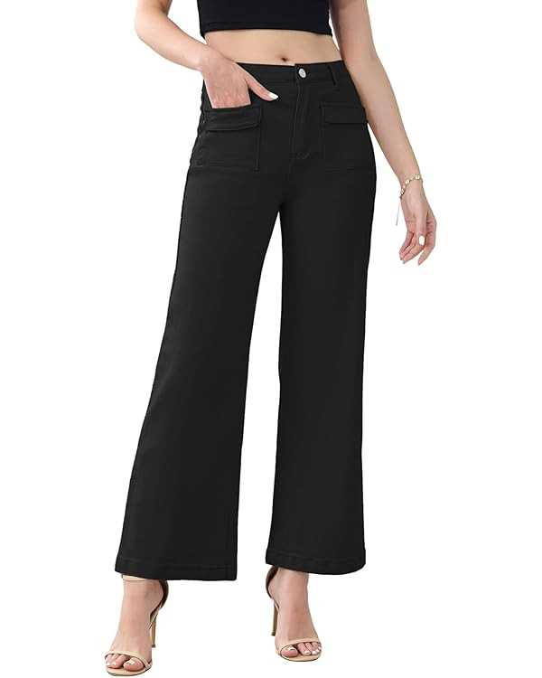 Genleck Wide Leg Jeans for Women Trendy High Waisted Boyfriend Stretchy Straight Cropped Pants wi... | Amazon (US)