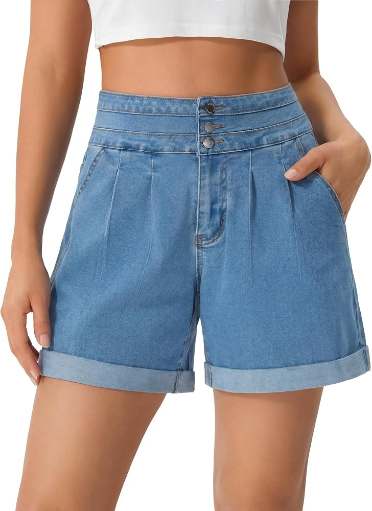 roswear Jean Shorts for Women Stretchy Wide Leg High Waisted Denim Shorts with Cuffed Hem | Amazon (US)