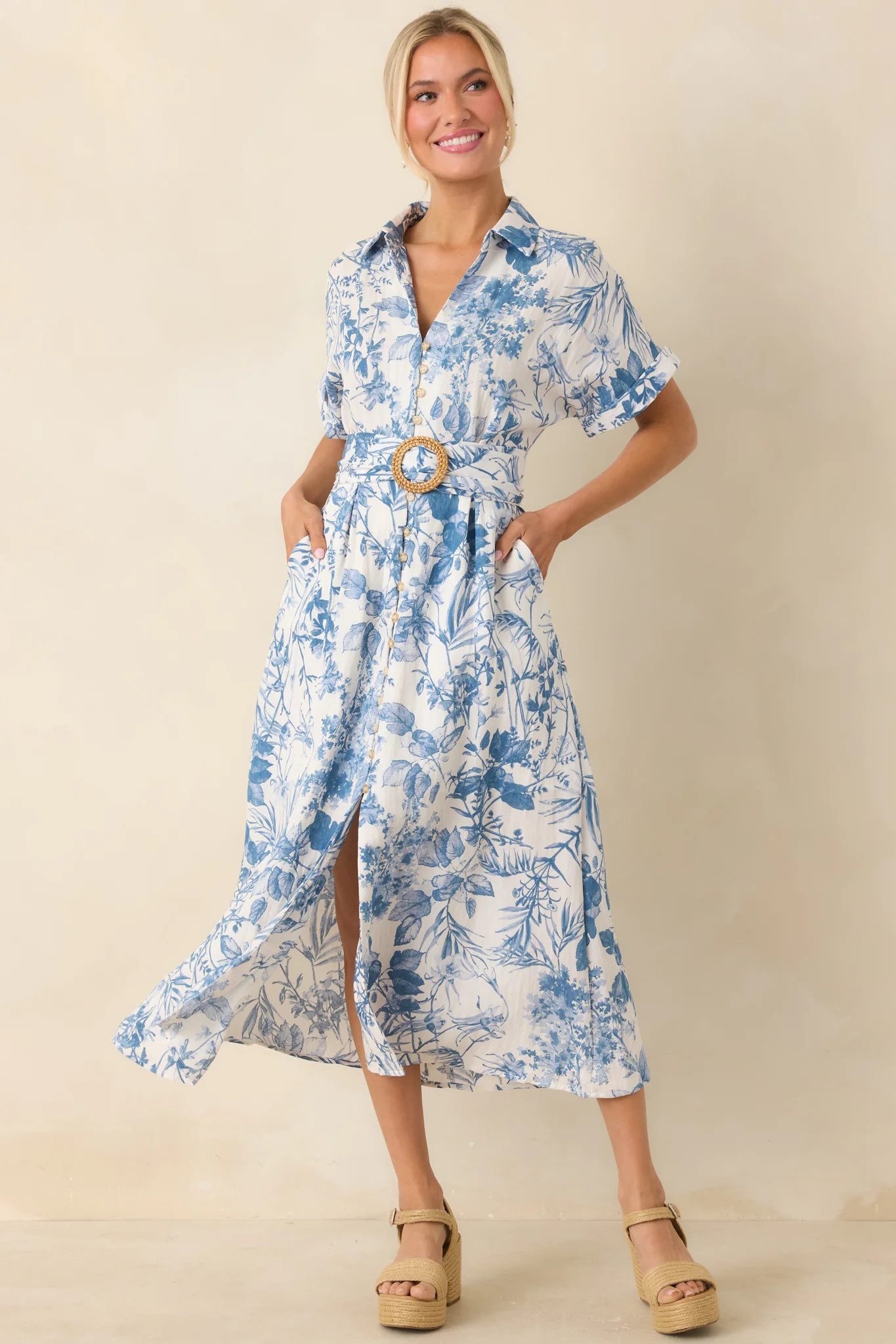Springtime Splendor White & Blue Floral Belted Midi Dress | Red Dress