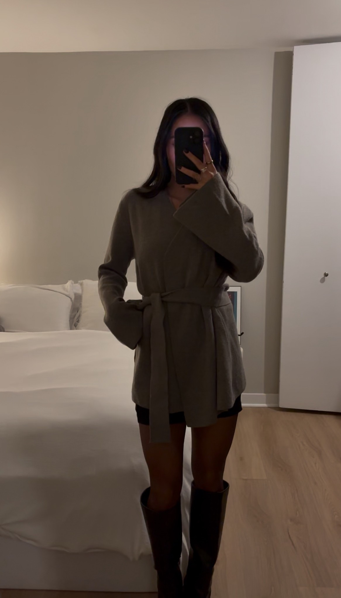 Cozy comfy but cute night out outfit, wrap cardigan and boots are Zara, skirt size 2