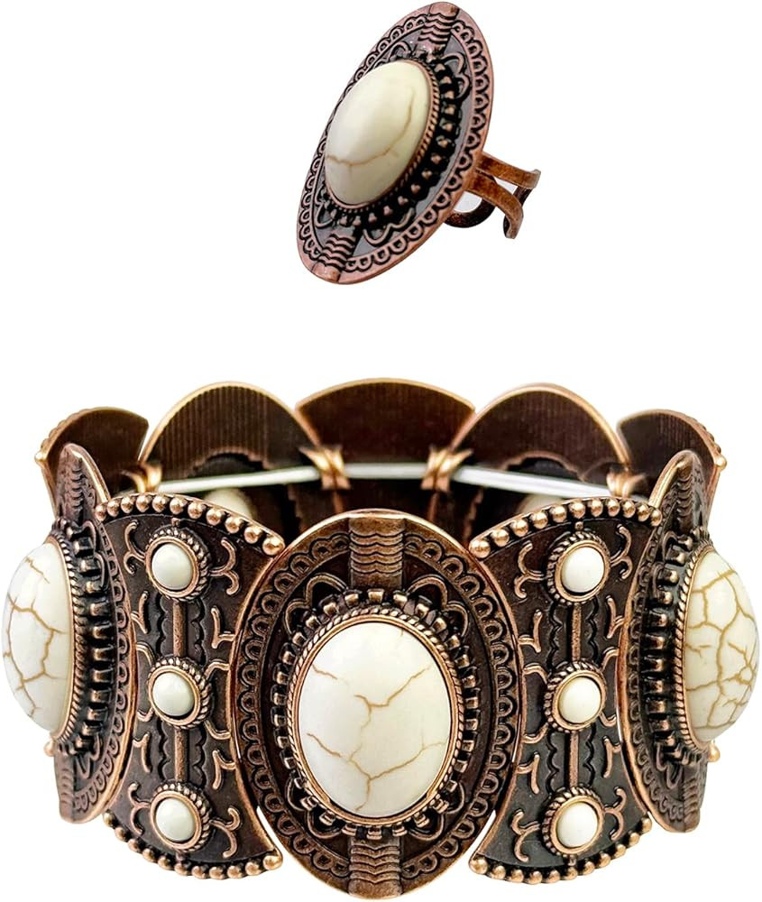 TOPACC White Turquoise Bracelets with Ring Western Cowgirl Stretch Bracelet for Women Boho Jewelr... | Amazon (US)