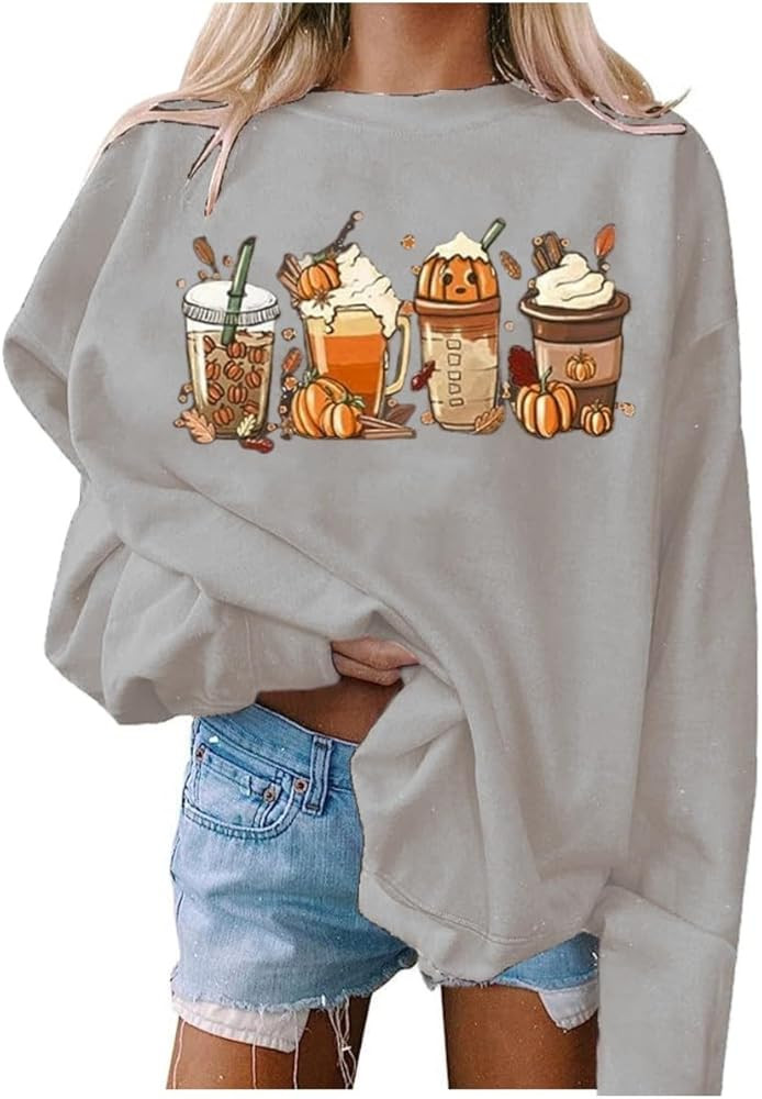 Thanksgiving Sweatshirt Women Pumpkin Coffee Graphic Sweatshirts Cute Halloween Shirts Fall Crewn... | Amazon (US)