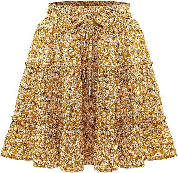 Bbonlinedress Women's Summer Boho Floral High Waist Ruffle A-line Mini Skater Skirts | Amazon (US)