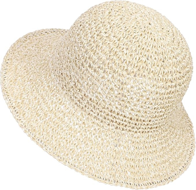 Womens Sun Hat Handmade Crochet Straw Bucket Hat Summer UV Protection Foldable Travel Cap UPF 50+ | Amazon (US)