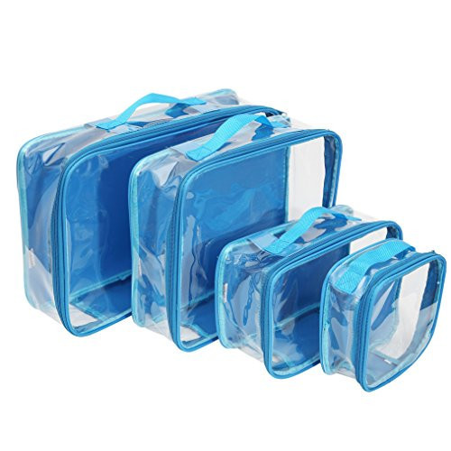 Clear Travel Packing Cubes Set of 4 for Carry On (XS, Small, Medium, Large) / See-Through Clothes Organizer Dividers for Suitcase/Transparent Vinyl PVC Cell Pouches for Luggage (Turquoise) | Amazon (US)