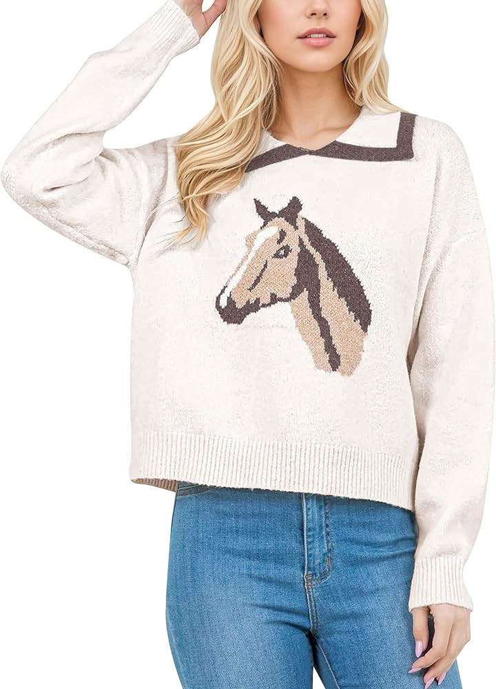 Women Horse Graphic Contrast Collar Sweater Cute Graphic Long Sleeve Knit Pullover Casual Preppy ... | Amazon (US)