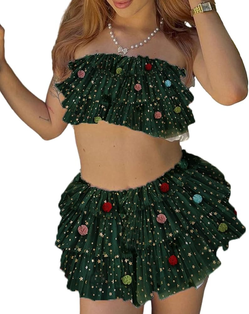 Christmas Tree Dress Up Outfits Christmas Festive Tube Top Mini Skirt Set Xmas Two Piece Costume | Amazon (US)