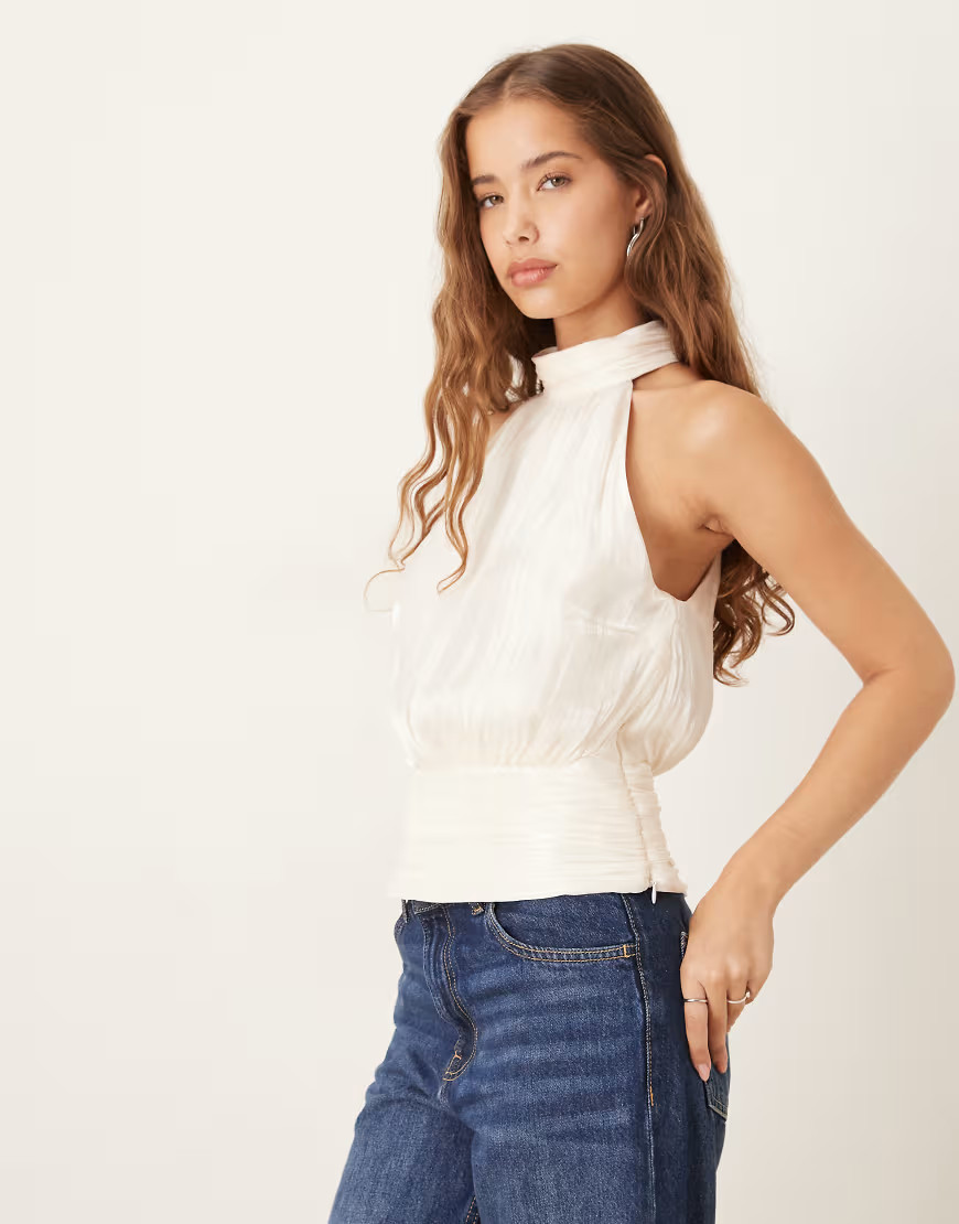 Gina Tricot satin halterneck top with cinched waist in off white | ASOS (Global)