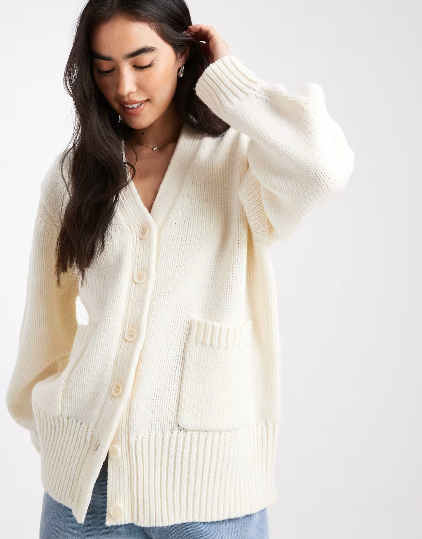 ASOS DESIGN oversized chunky boyfriend cardigan in cream-White | ASOS (Global)