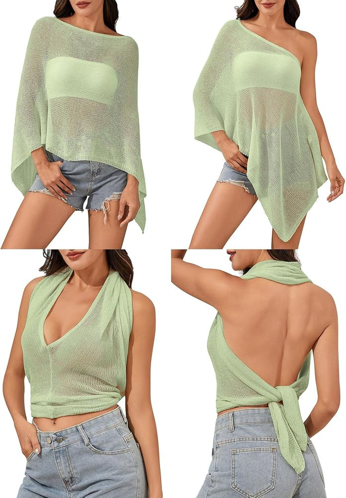 Off The Shoulder Sheer Crochet Vacation Outfits Poncho Sweater Top Summer Beach Cover Up | Amazon (US)