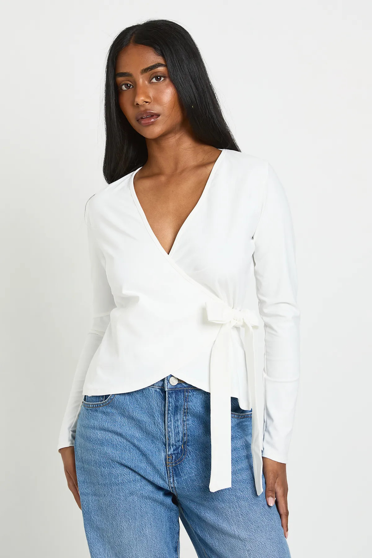 Ivory Wrap Front Tie Waist Top | Boohoo USA | boohoo (US & Canada)