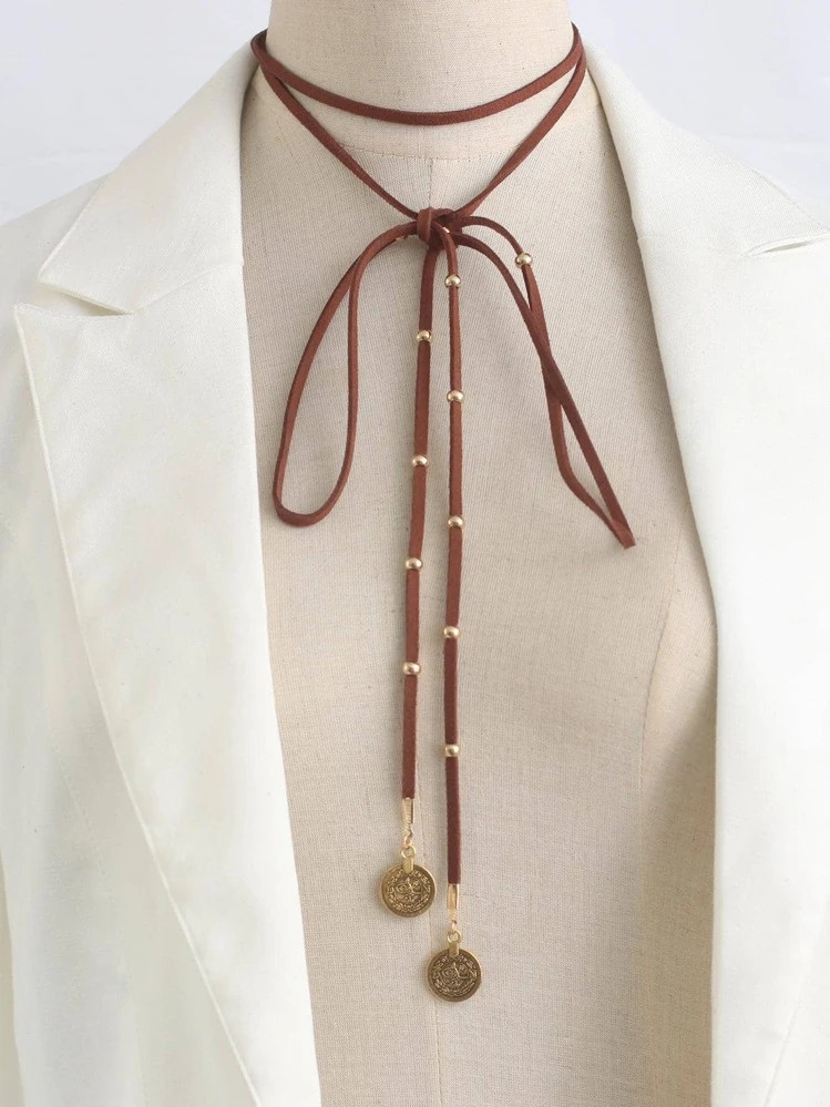 1pc Boho Long Leather Necklace Black Leather Wrap Choker Necklace Vintage Disc Coin Necklace Vaga... | SHEIN