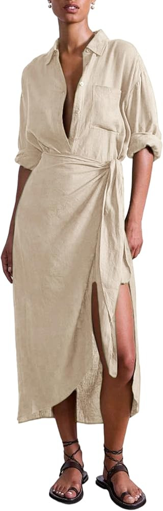 Yeokou Women Cotton Linen Wrap Shirt Maxi Dress Button Down Long Sleeve Lapel Asym Slit Hem Sundr... | Amazon (US)