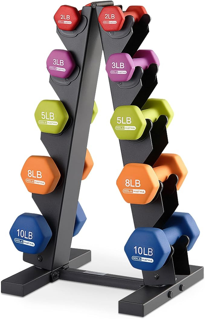 HolaHatha 2, 3, 5, 8, and 10 Pound Neoprene Dumbbell Free Hand Weight Set with Rack, Ideal for Ho... | Amazon (US)