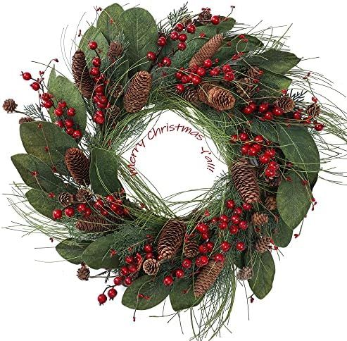 YNYLCHMX 22 Inch Christmas Wreath for Front Door, Door Christmas Wreath with Magnolia Leaves Red ... | Amazon (US)
