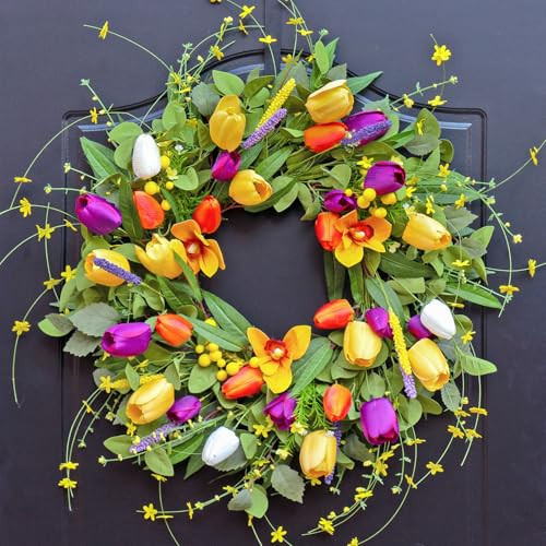 Spring Wreaths for Front Door 24 Inch,Spring Summer Wreath with Colorful Tulip,Eucalyptus and Ferns,Tulip Wreath for Indoor Outdoor Farmhouse Home Porch Wall Decor | Amazon (US)