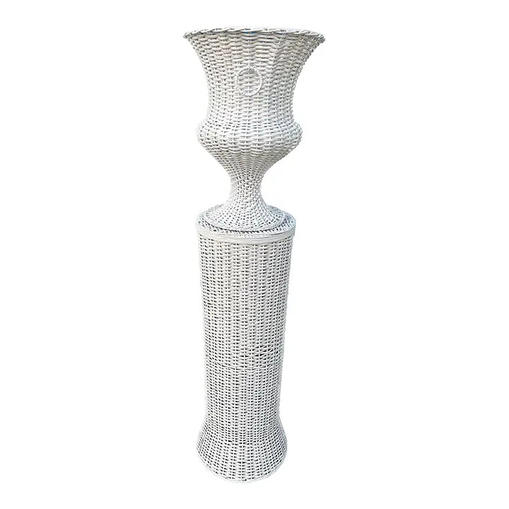 Wicker Urn And Pedestal Set, White | Chairish