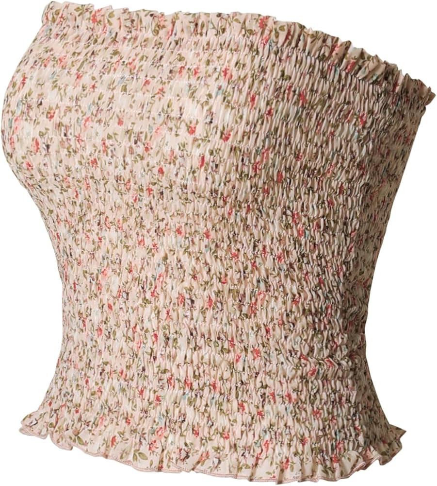 MixMatchy Women's Smocked Crop Tube Top - Casual Strapless Bandeau - Solid & Floral Print Ruffled... | Amazon (US)