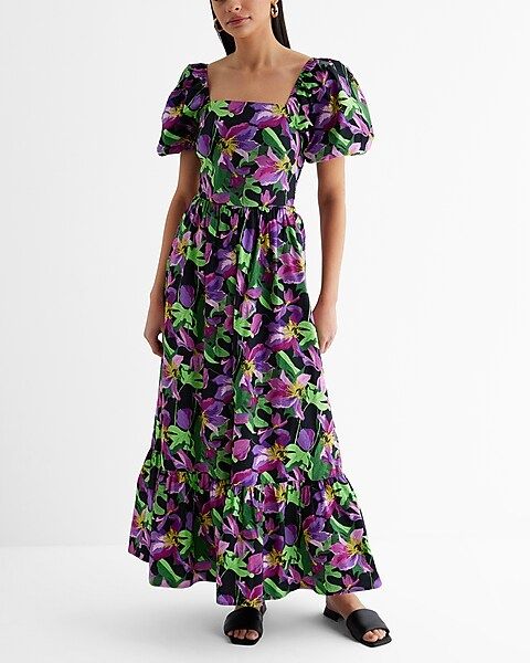 Floral Square Neck Puff Sleeve Tiered Poplin Maxi Dress | Express
