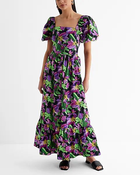 Floral Square Neck Puff Sleeve Tiered Poplin Maxi Dress | Express (Pmt Risk)