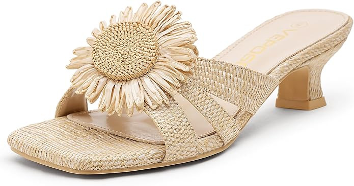 Vepose Women's Woven Raffia Boho Floral Kitten Heeled Sandals, 2 Inch Flared Low Heel Slip On Mul... | Amazon (US)