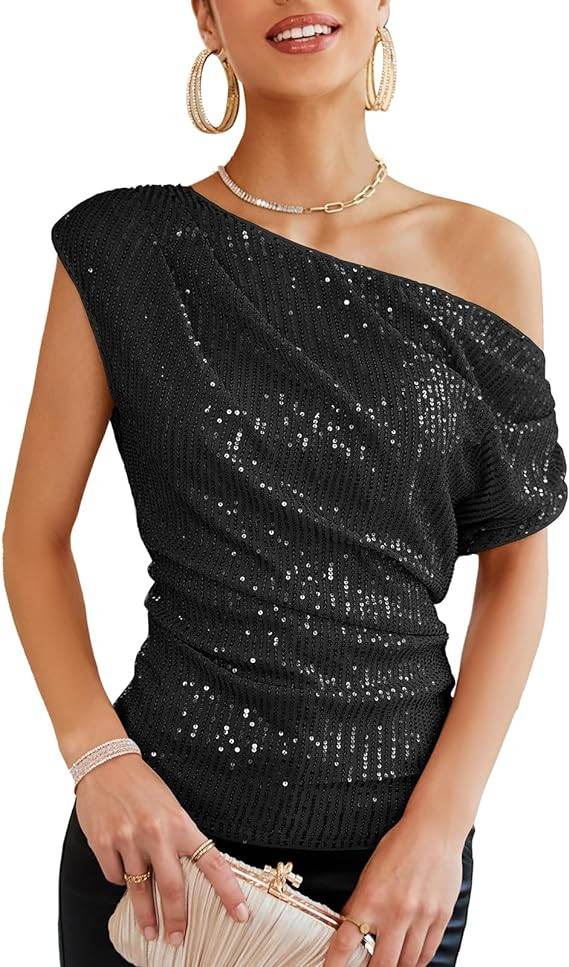 GRACE KARIN One Shoulder Sequin Sparkly Tops for Women Ruched Asymmetrical Glitter Tops Slimming ... | Amazon (US)