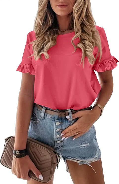 PRETTYGARDEN Women's Short Sleeve Casual T Shirts Summer Ruffle Plain Round Neck Loose Fit Tee Bl... | Amazon (US)