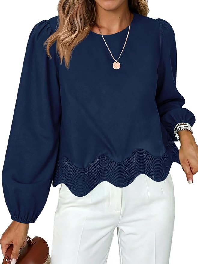 Tankaneo Womens Puff Long Sleeve Crop Tops Scalloped Blouse Flowy Shirts | Scallop top,Casual sho... | Amazon (US)