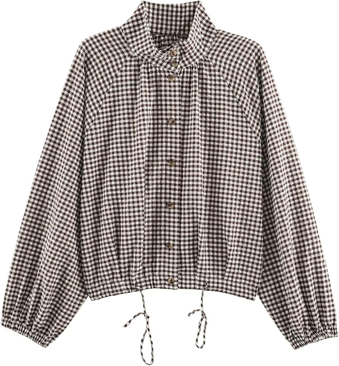 Women’s Plaid Print Bomber Jacket Oversized Gingham Coat Tops | Amazon (US)