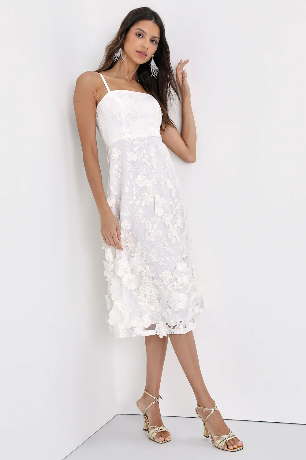 Glamour Garden White 3D Floral Embroidered Midi Dress | Lulus