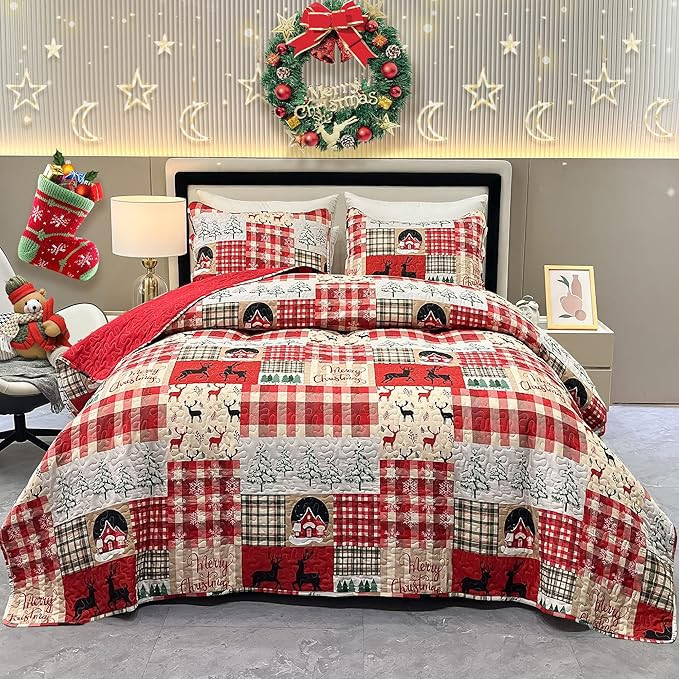 Christmas Quilt Set Queen Size 3-Piece Red Xmas Tree Snowflake Reindeer Cabin Plaid Patchwork Bed... | Amazon (US)