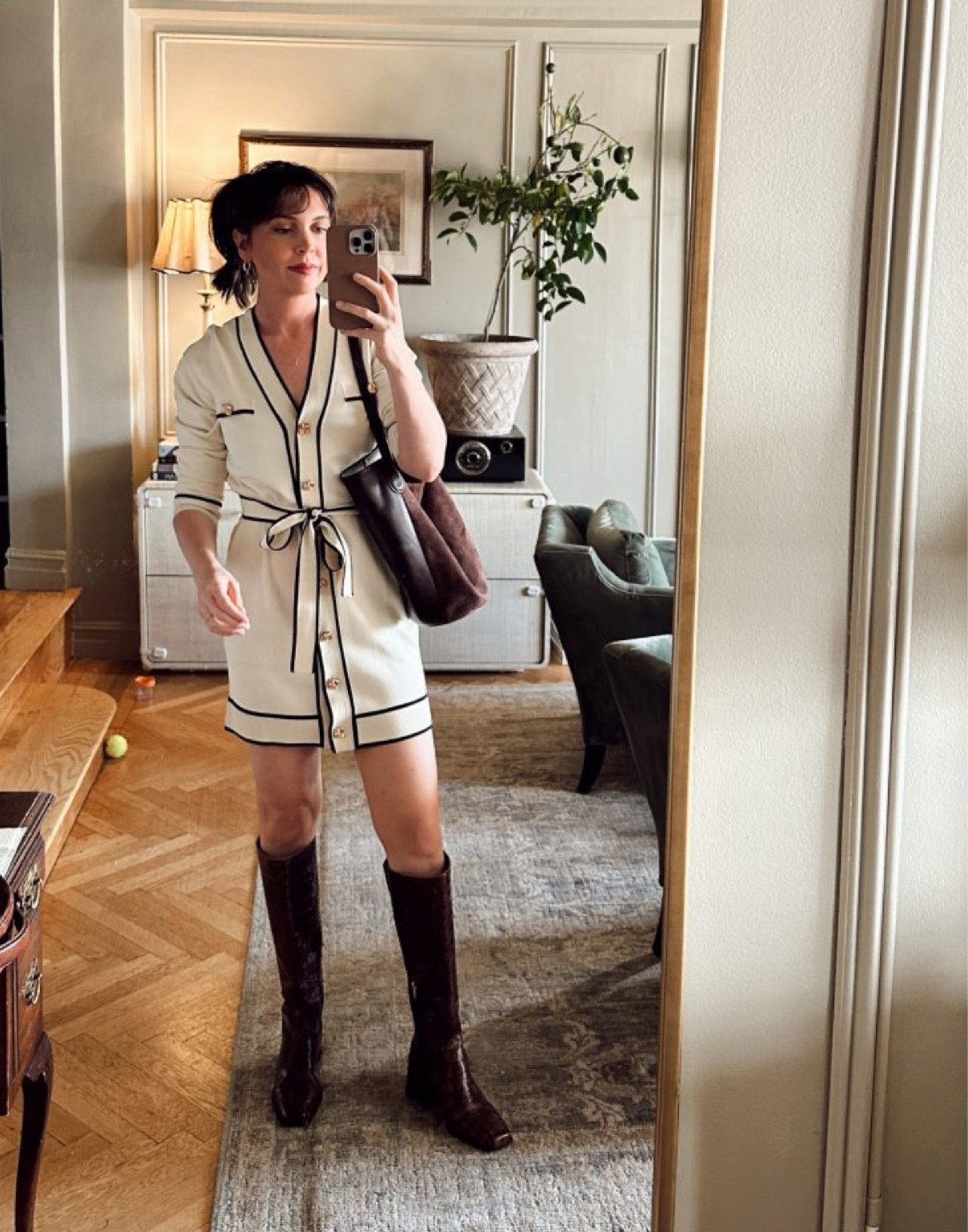 Fall outfit - fall dress with gold button details, fall bucket bag in leather and suede and fall boots (boots are older but same style still available in different colors) 

#LTKstyletip #LTKSeasonal #LTKshoecrush