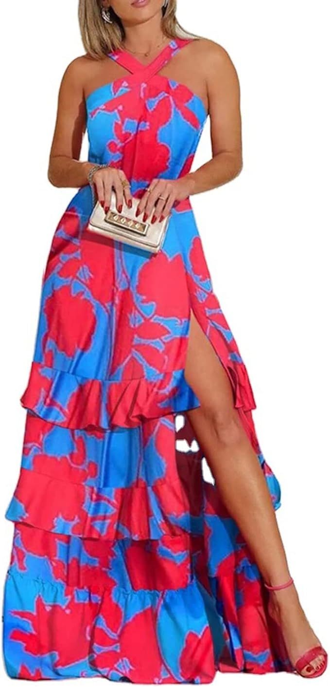 Women Summer V Neck Sleeveless Dresses Printed Boho Beach Sling Long Dress | Amazon (US)