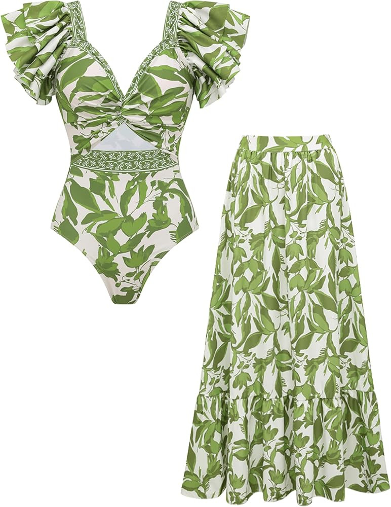 FLAXMAKER Women's Ruffled Shoulders and a Cutout Design at the Waist One-piece Swimsuit and Skirt | Amazon (US)