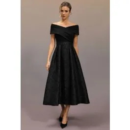 Cross Rose Embossed Jacquard Dress in Black for Gala Dinners & Wedding Guest Looks | Chicwish